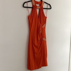 Cache Orange Dress with Embellished Neckline